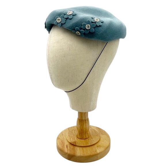 Vintage 1950s BB Ruth Velour Beret Hat Slate Blue Floral Applique Pearl Studded - Picture 10 of 16
